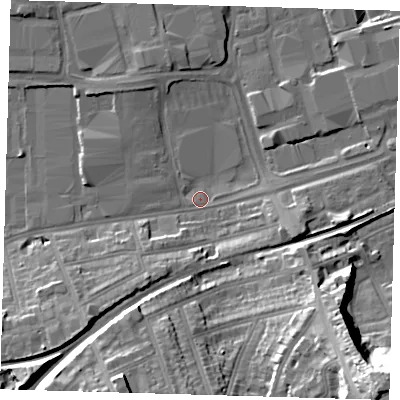 Shaded relief map of the ground around SE77FY, computed from Environment Agency LiDAR. The ground here sits at about 3 m above sea level and falls 35 m across the surrounding 800 m. Surface water reaching this point runs off ground lying to the south-east, 34.3 m higher.