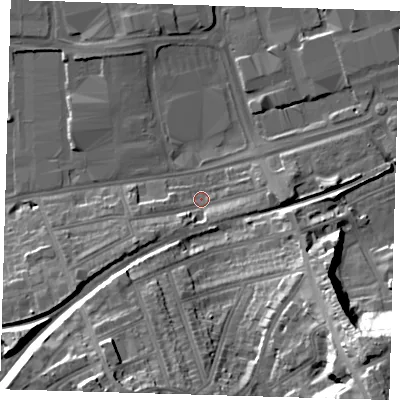 Shaded relief map of the ground around SE77QF, computed from Environment Agency LiDAR. The ground here sits at about 4 m above sea level and falls 35 m across the surrounding 800 m. Surface water reaching this point runs off ground lying to the west-south-west, 6.9 m higher.