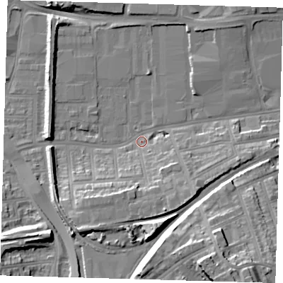 Shaded relief map of the ground around SE77QU, computed from Environment Agency LiDAR. The ground here sits at about 4 m above sea level and falls 30 m across the surrounding 800 m. Surface water reaching this point runs off ground lying to the south-west, 12.1 m higher.