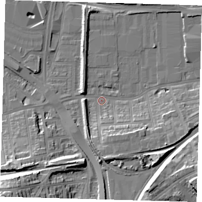Shaded relief map of the ground around SE77RA, computed from Environment Agency LiDAR. The ground here sits at about 3 m above sea level and falls 38 m across the surrounding 800 m. Surface water reaching this point runs off ground lying to the south, 11.5 m higher.