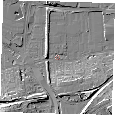 Shaded relief map of the ground around SE77RB, computed from Environment Agency LiDAR. The ground here sits at about 3 m above sea level and falls 32 m across the surrounding 800 m. Surface water reaching this point runs off ground lying to the south, 11.5 m higher.