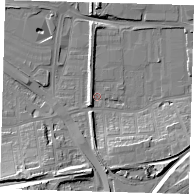 Shaded relief map of the ground around SE77RD, computed from Environment Agency LiDAR. The ground here sits at about 3 m above sea level and falls 28 m across the surrounding 800 m. Surface water reaching this point runs off ground lying to the south-west, 6.1 m higher.