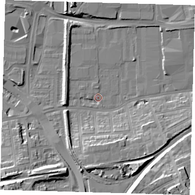 Shaded relief map of the ground around SE77RH, computed from Environment Agency LiDAR. The ground here sits at about 4 m above sea level and falls 30 m across the surrounding 800 m. Surface water reaching this point runs off ground lying to the west, 6.3 m higher.