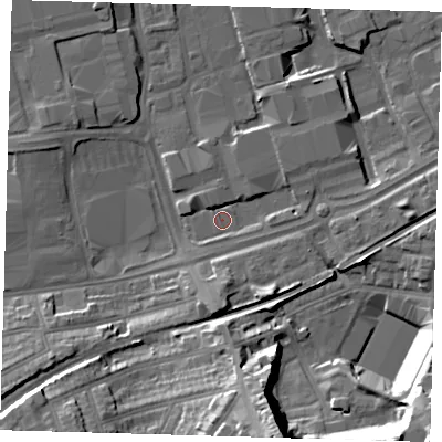 Shaded relief map of the ground around SE77RJ, computed from Environment Agency LiDAR. The ground here sits at about 3 m above sea level and falls 25 m across the surrounding 800 m. Surface water reaching this point runs off ground lying to the east, 3.2 m higher.