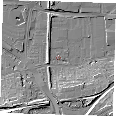 Shaded relief map of the ground around SE77RQ, computed from Environment Agency LiDAR. The ground here sits at about 4 m above sea level and falls 30 m across the surrounding 800 m. Surface water reaching this point runs off ground lying to the west, 6.3 m higher.