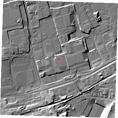 Shaded relief map of the ground around SE77RU, computed from Environment Agency LiDAR. The ground here sits at about 5 m above sea level and falls 16 m across the surrounding 800 m. The ground contributing surface water to this point lies to the west.