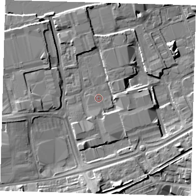 Shaded relief map of the ground around SE77RX, computed from Environment Agency LiDAR. The ground here sits at about 4 m above sea level and falls 9 m across the surrounding 800 m. The ground contributing surface water to this point lies to the north-north-east.