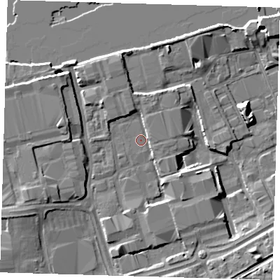 Shaded relief map of the ground around SE77RY, computed from Environment Agency LiDAR. The ground here sits at about 4 m above sea level and falls 9 m across the surrounding 800 m. Surface water reaching this point runs off ground lying to the north-north-west, 2.2 m higher.