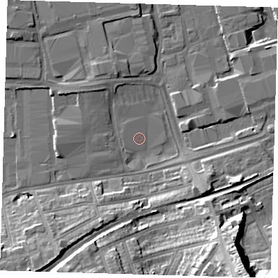 Shaded relief map of the ground around SE77RZ, computed from Environment Agency LiDAR. The ground here sits at about 2 m above sea level and falls 26 m across the surrounding 800 m. Surface water reaching this point runs off ground lying to the south-east, 25.4 m higher.