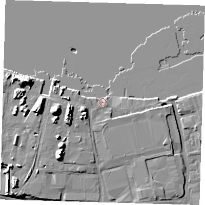 Shaded relief map of the ground around SE77SG, computed from Environment Agency LiDAR. The ground here sits at about 4 m above sea level and falls 20 m across the surrounding 800 m. Surface water reaching this point runs off ground lying to the south-south-east, 1.4 m higher.