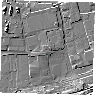 Shaded relief map of the ground around SE77SJ, computed from Environment Agency LiDAR. The ground here sits at about 6 m above sea level and falls 18 m across the surrounding 800 m. Surface water reaching this point runs off ground lying to the east-north-east, 0.8 m higher.