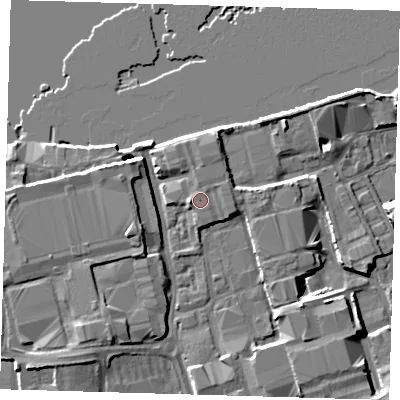 Shaded relief map of the ground around SE77SQ, computed from Environment Agency LiDAR. The ground here sits at about 6 m above sea level and falls 7 m across the surrounding 800 m. Surface water reaching this point runs off ground lying to the north-north-east, 0.7 m higher.