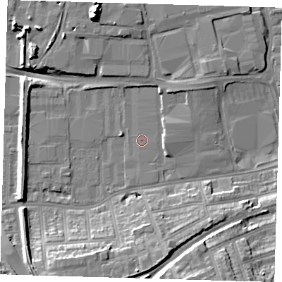 Shaded relief map of the ground around SE77SR, computed from Environment Agency LiDAR. The ground here sits at about 3 m above sea level and falls 19 m across the surrounding 800 m. Surface water reaching this point runs off ground lying to the north, 1.7 m higher.