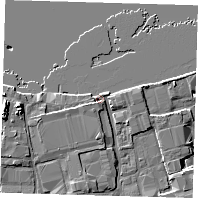 Shaded relief map of the ground around SE77SS, computed from Environment Agency LiDAR. The ground here sits at about 5 m above sea level and falls 13 m across the surrounding 800 m. Surface water reaching this point runs off ground lying to the south-south-west, 5.2 m higher.