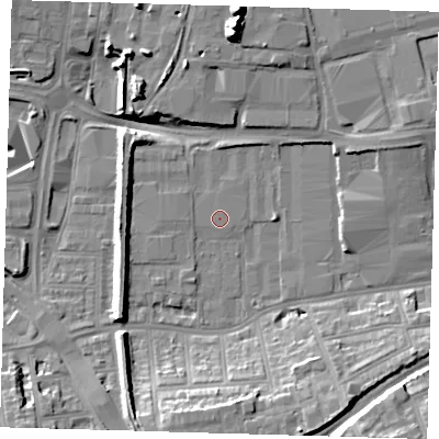 Shaded relief map of the ground around SE77ST, computed from Environment Agency LiDAR. The ground here sits at about 3 m above sea level and falls 19 m across the surrounding 800 m. The ground contributing surface water to this point lies to the north.
