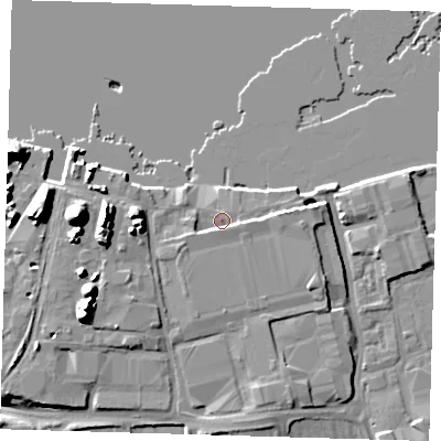 Shaded relief map of the ground around SE77SU, computed from Environment Agency LiDAR. The ground here sits at about 5 m above sea level and falls 19 m across the surrounding 800 m. Surface water reaching this point runs off ground lying to the south, 2.2 m higher.