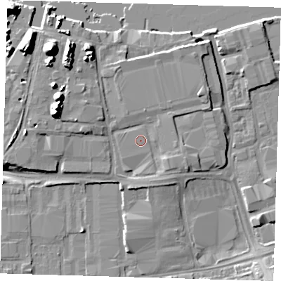 Shaded relief map of the ground around SE77SW, computed from Environment Agency LiDAR. The ground here sits at about 5 m above sea level and falls 19 m across the surrounding 800 m. Surface water reaching this point runs off ground lying to the north-north-east, 2.9 m higher.