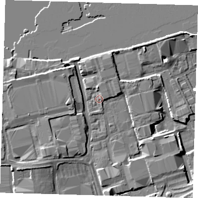 Shaded relief map of the ground around SE77TA, computed from Environment Agency LiDAR. The ground here sits at about 5 m above sea level and falls 6 m across the surrounding 800 m. Surface water reaching this point runs off ground lying to the north-north-east, 1.7 m higher.