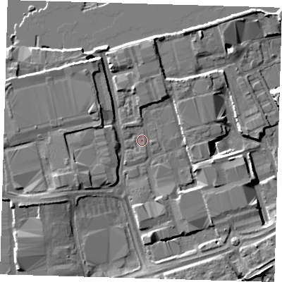 Shaded relief map of the ground around SE77TB, computed from Environment Agency LiDAR. The ground here sits at about 4 m above sea level and falls 8 m across the surrounding 800 m. Surface water reaching this point runs off ground lying to the north, 2.3 m higher.