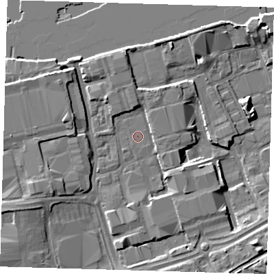 Shaded relief map of the ground around SE77TE, computed from Environment Agency LiDAR. The ground here sits at about 4 m above sea level and falls 8 m across the surrounding 800 m. The ground contributing surface water to this point lies to the north-west.