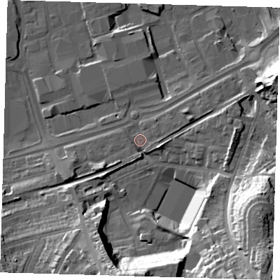 Shaded relief map of the ground around SE78BS, computed from Environment Agency LiDAR. The ground here sits at about 5 m above sea level and falls 38 m across the surrounding 800 m. Surface water reaching this point runs off ground lying to the south-east, 37.2 m higher.