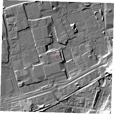 Shaded relief map of the ground around SE78LH, computed from Environment Agency LiDAR. The ground here sits at about 5 m above sea level and falls 24 m across the surrounding 800 m. The ground contributing surface water to this point lies to the south-south-east.