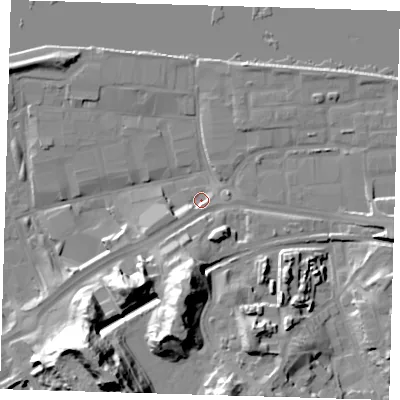 Shaded relief map of the ground around SE78LL, computed from Environment Agency LiDAR. The ground here sits at about 2 m above sea level and falls 37 m across the surrounding 800 m. Surface water reaching this point runs off ground lying to the south-west, 6.0 m higher.