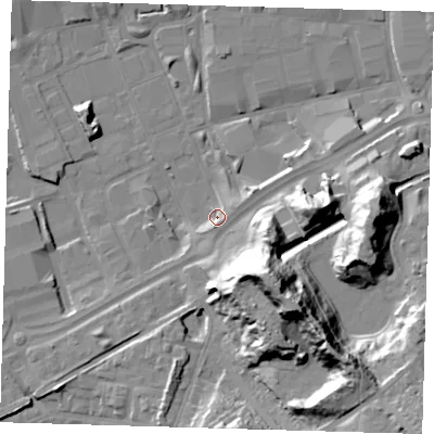 Shaded relief map of the ground around SE78LW, computed from Environment Agency LiDAR. The ground here sits at about 3 m above sea level and falls 37 m across the surrounding 800 m. Surface water reaching this point runs off ground lying to the south-south-west, 4.3 m higher.