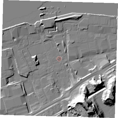 Shaded relief map of the ground around SE78LX, computed from Environment Agency LiDAR. The ground here sits at about 1 m above sea level and falls 37 m across the surrounding 800 m. Surface water reaching this point runs off ground lying to the west-south-west, 5.1 m higher.