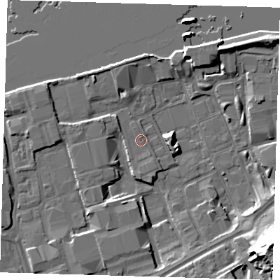 Shaded relief map of the ground around SE78ND, computed from Environment Agency LiDAR. The ground here sits at about 3 m above sea level and falls 28 m across the surrounding 800 m. Surface water reaching this point runs off ground lying to the south, 1.5 m higher.