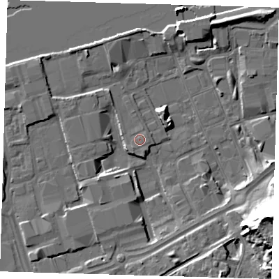 Shaded relief map of the ground around SE78NE, computed from Environment Agency LiDAR. The ground here sits at about 4 m above sea level and falls 33 m across the surrounding 800 m. Surface water reaching this point runs off ground lying to the south-south-east, 0.7 m higher.