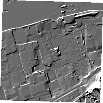 Shaded relief map of the ground around SE78NF, computed from Environment Agency LiDAR. The ground here sits at about 2 m above sea level and falls 37 m across the surrounding 800 m. Surface water reaching this point runs off ground lying to the east-south-east, 6.4 m higher.