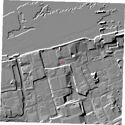 Shaded relief map of the ground around SE78NJ, computed from Environment Agency LiDAR. The ground here sits at about 3 m above sea level and falls 20 m across the surrounding 800 m. Surface water reaching this point runs off ground lying to the north, 3.2 m higher.