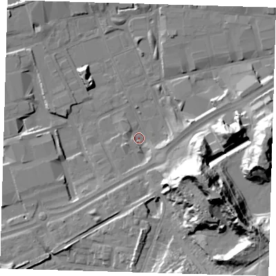 Shaded relief map of the ground around SE78NR, computed from Environment Agency LiDAR. The ground here sits at about 1 m above sea level and falls 37 m across the surrounding 800 m. Surface water reaching this point runs off ground lying to the east-south-east, 36.5 m higher.