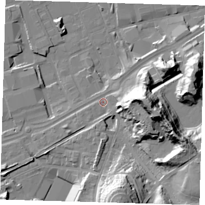 Shaded relief map of the ground around SE78RH, computed from Environment Agency LiDAR. The ground here sits at about 4 m above sea level and falls 37 m across the surrounding 800 m. Surface water reaching this point runs off ground lying to the east, 34.9 m higher.