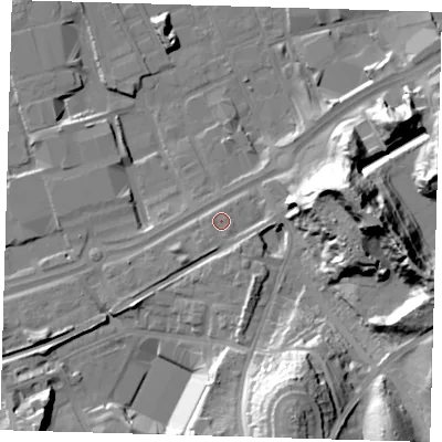 Shaded relief map of the ground around SE78SH, computed from Environment Agency LiDAR. The ground here sits at about 6 m above sea level and falls 37 m across the surrounding 800 m. Surface water reaching this point runs off ground lying to the south-west, 2.2 m higher.