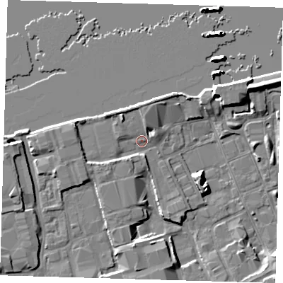 Shaded relief map of the ground around SE78SJ, computed from Environment Agency LiDAR. The ground here sits at about 4 m above sea level and falls 23 m across the surrounding 800 m. Surface water reaching this point runs off ground lying to the north-west, 3.2 m higher.