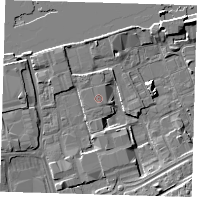 Shaded relief map of the ground around SE78SL, computed from Environment Agency LiDAR. The ground here sits at about 5 m above sea level and falls 12 m across the surrounding 800 m. The ground contributing surface water to this point lies to the north-west.