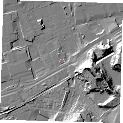 Shaded relief map of the ground around SE78SQ, computed from Environment Agency LiDAR. The ground here sits at about 3 m above sea level and falls 37 m across the surrounding 800 m. Surface water reaching this point runs off ground lying to the east-south-east, 1.8 m higher.