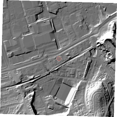 Shaded relief map of the ground around SE78SY, computed from Environment Agency LiDAR. The ground here sits at about 6 m above sea level and falls 37 m across the surrounding 800 m. Surface water reaching this point runs off ground lying to the east-north-east, 2.7 m higher.