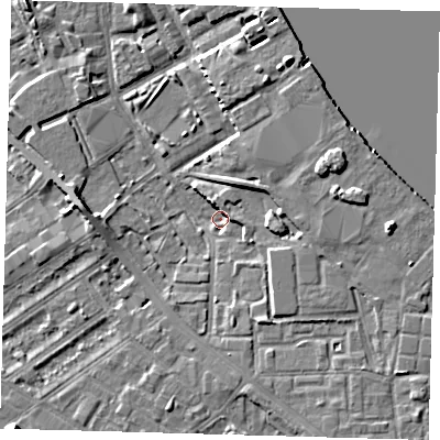 Shaded relief map of the ground around SE83AA, computed from Environment Agency LiDAR. The ground here sits at about 2 m above sea level and falls 7 m across the surrounding 800 m. Surface water reaching this point runs off ground lying to the south-east, 4.8 m higher.