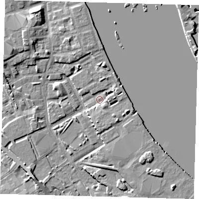 Shaded relief map of the ground around SE83AE, computed from Environment Agency LiDAR. The ground here sits at about 3 m above sea level and falls 8 m across the surrounding 800 m. Surface water reaching this point runs off ground lying to the east-south-east, 5.7 m higher.