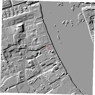 Shaded relief map of the ground around SE83AH, computed from Environment Agency LiDAR. The ground here sits at about 5 m above sea level and falls 8 m across the surrounding 800 m. Surface water reaching this point runs off ground lying to the north-north-west, 1.9 m higher.