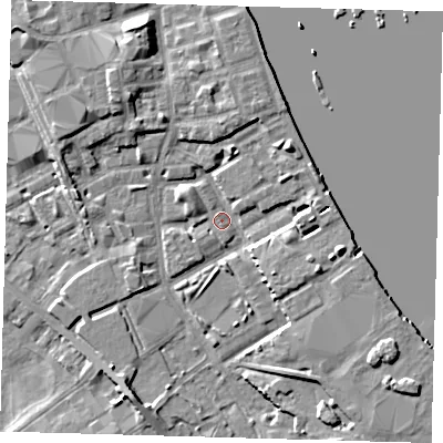 Shaded relief map of the ground around SE83AP, computed from Environment Agency LiDAR. The ground here sits at about 2 m above sea level and falls 8 m across the surrounding 800 m. Surface water reaching this point runs off ground lying to the north-west, 5.6 m higher.