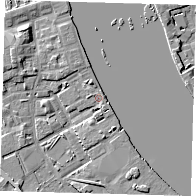 Shaded relief map of the ground around SE83AQ, computed from Environment Agency LiDAR. The ground here sits at about 4 m above sea level and falls 8 m across the surrounding 800 m. Surface water reaching this point runs off ground lying to the south, 4.1 m higher.