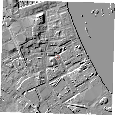 Shaded relief map of the ground around SE83AS, computed from Environment Agency LiDAR. The ground here sits at about 2 m above sea level and falls 8 m across the surrounding 800 m. Surface water reaching this point runs off ground lying to the north-north-west, 6.2 m higher.