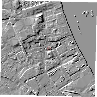 Shaded relief map of the ground around SE83AT, computed from Environment Agency LiDAR. The ground here sits at about 3 m above sea level and falls 8 m across the surrounding 800 m. Surface water reaching this point runs off ground lying to the north-north-west, 6.2 m higher.