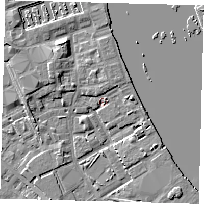 Shaded relief map of the ground around SE83AU, computed from Environment Agency LiDAR. The ground here sits at about 3 m above sea level and falls 7 m across the surrounding 800 m. Surface water reaching this point runs off ground lying to the north-north-east, 3.9 m higher.