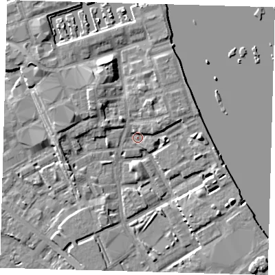 Shaded relief map of the ground around SE83AY, computed from Environment Agency LiDAR. The ground here sits at about 3 m above sea level and falls 8 m across the surrounding 800 m. Surface water reaching this point runs off ground lying to the north-east, 3.0 m higher.