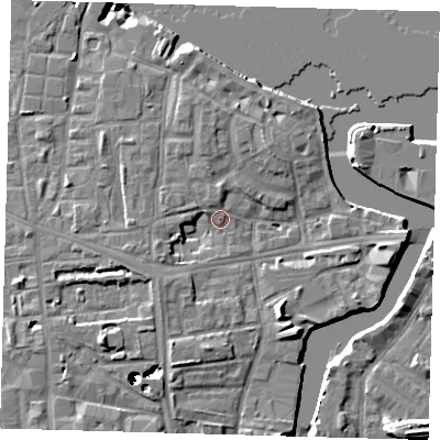 Shaded relief map of the ground around SE83AZ, computed from Environment Agency LiDAR. The ground here sits at about 5 m above sea level and falls 43 m across the surrounding 800 m. Surface water reaching this point runs off ground lying to the south-south-east, 6.6 m higher.
